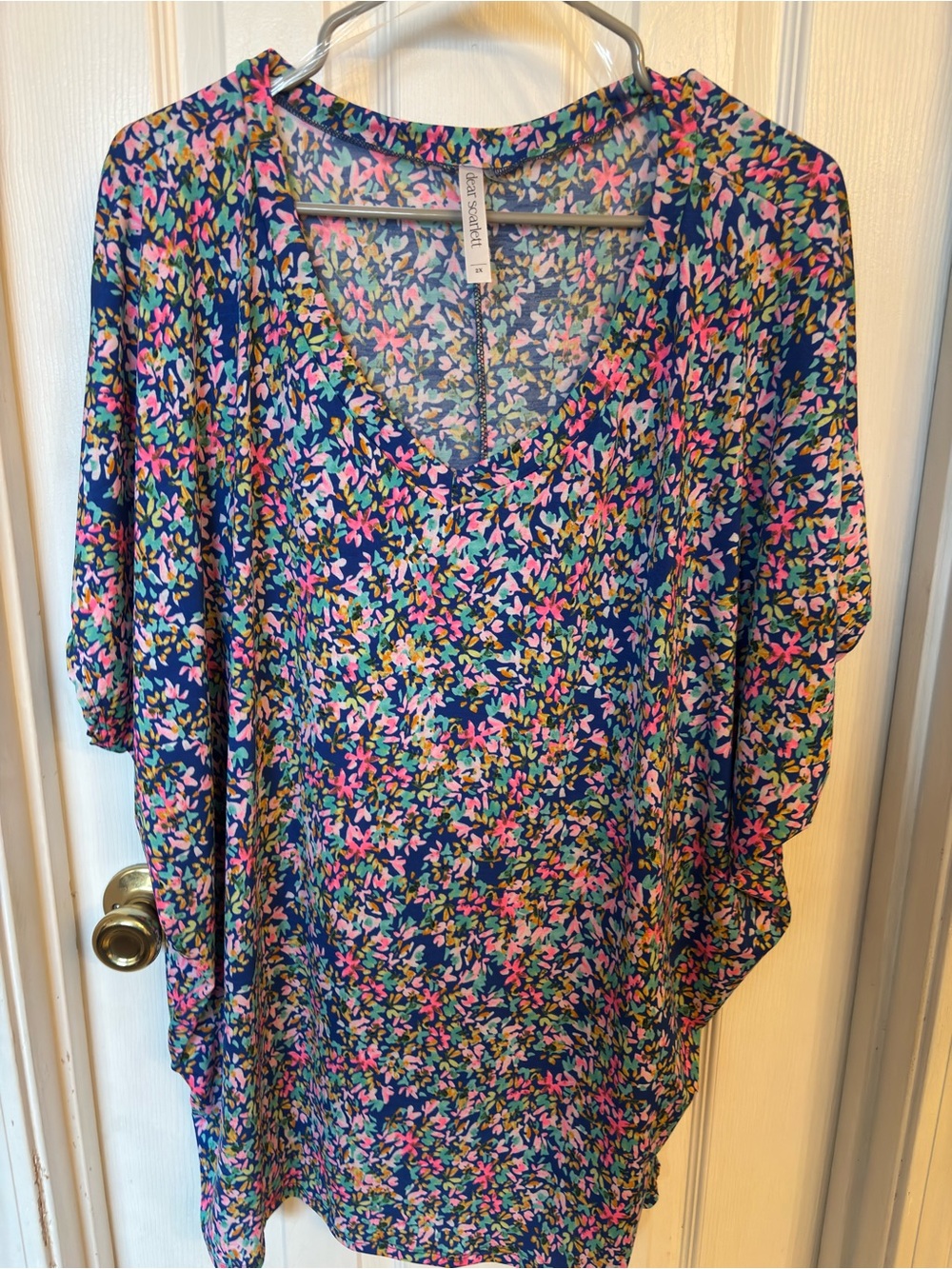 Dear Scarlett Navy Floral V-Neck Top with Pink, Green, Yellow, and Cream Accents